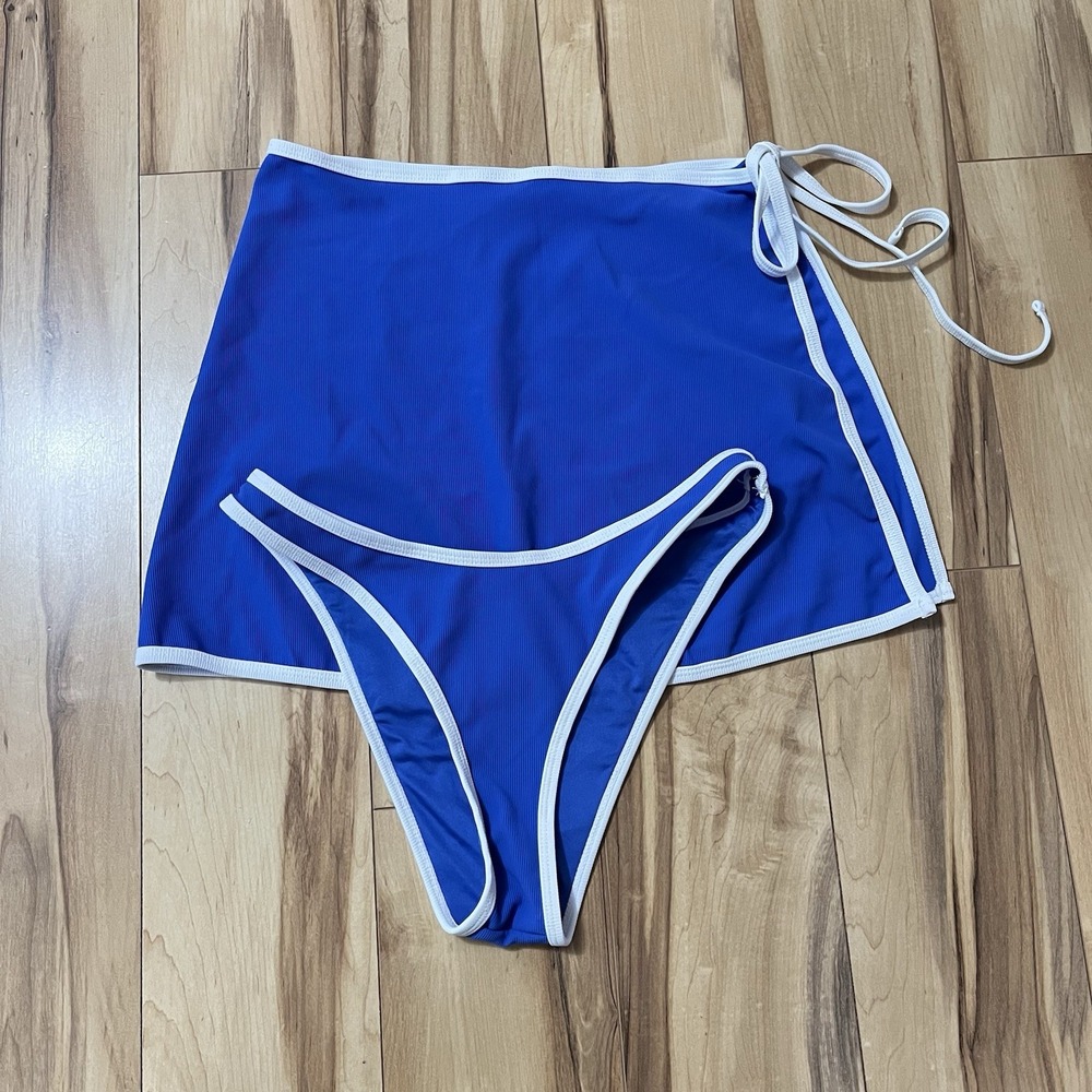 Wilo The Label 2 Pc. Bikini Set Ribbed Bottom With Skirt Cover Up Blue Sz XS